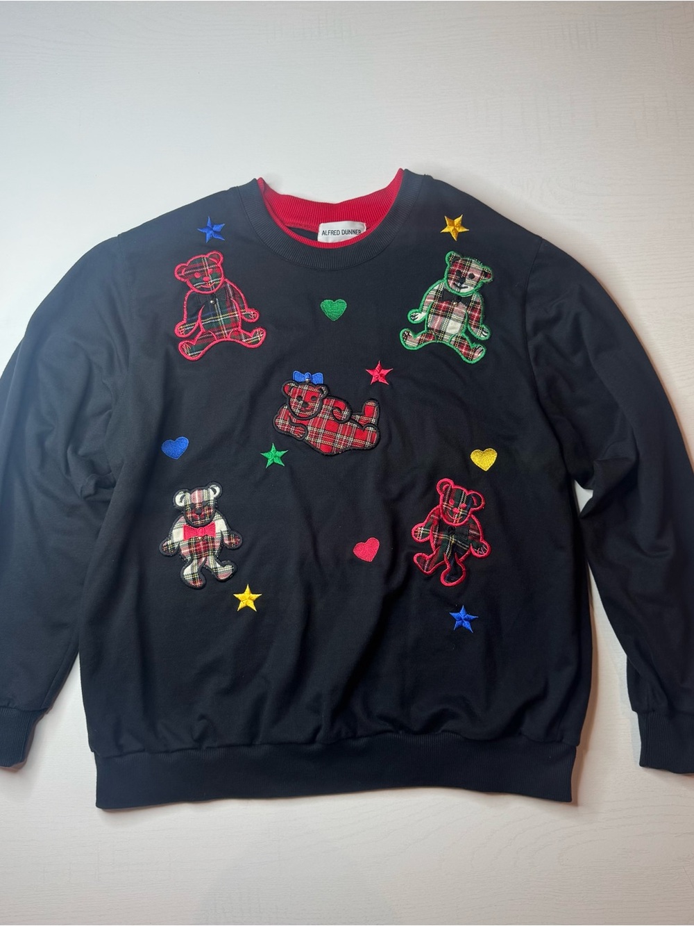 Alfred Dunner Black Crewneck Sweater with Multicolor Plaid Bear Appliqués